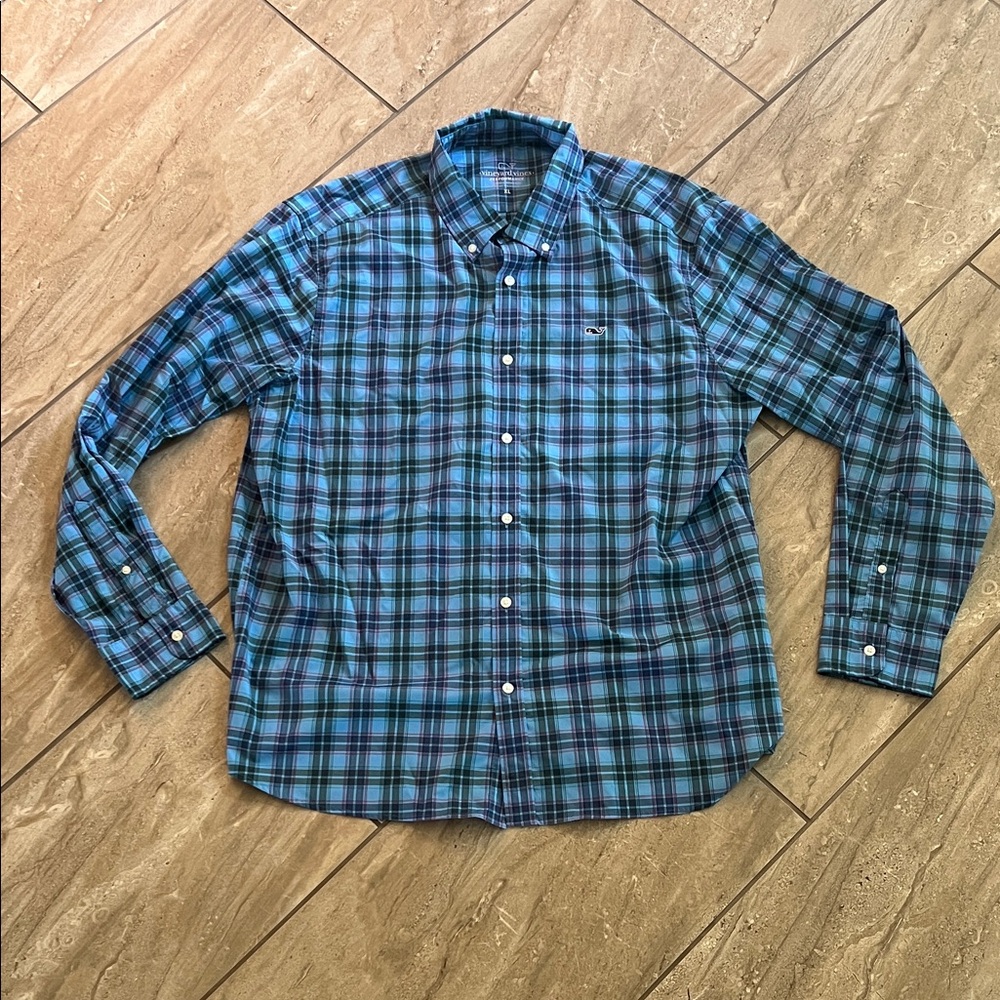 Vineyard Vines Blue and Teal Plaid Button-Down Performance Shirt